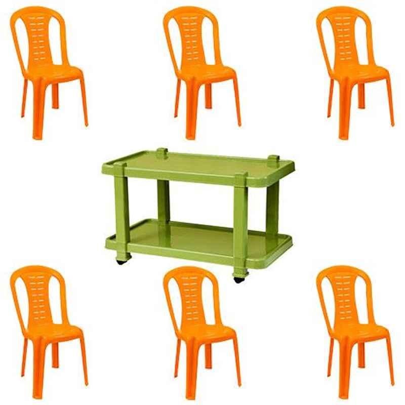 Italica 6 Pcs Polypropylene Orange Without Arm Chair & Green Table with Wheels Set, 9312-6/9509
