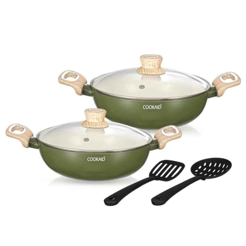 Cookaid Velora 2 Pcs 2 & 2.5 Litre Aluminium Olive Green Ceramic Coated Kadhai Set with Glass Lid & Nylon Tool, CKD-CC-K2-24