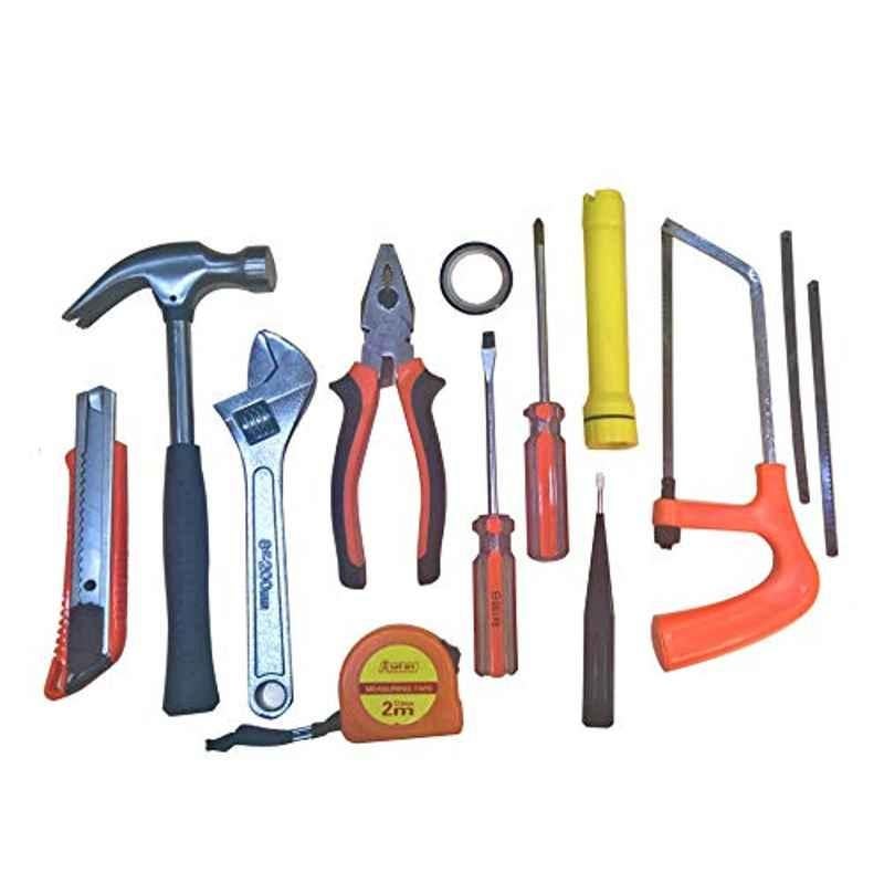 Ruby 14 PCS Tool Box-Cutter, Hammer, Wrench, Measuring Tape, Combination Plier, Insulating Tape, 2 Screwdrivers Slot And Philip, Flash Light, Hacksaw Frame With Blades