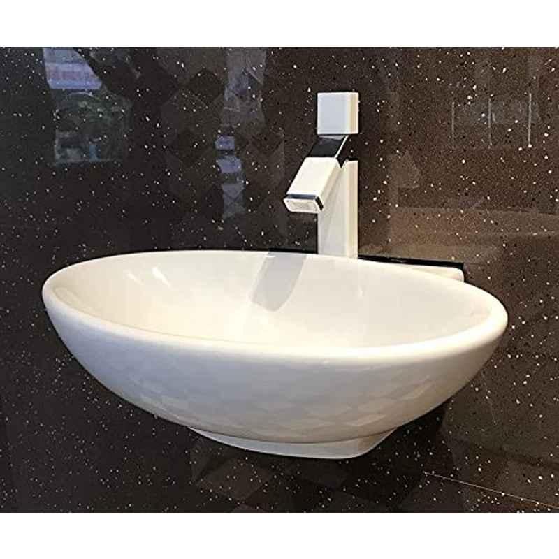 Generic Sauna Perla Ceramic Wash Basin Bowl/Vessel Sink Slim Rim For Home Bathroom Living Room Washroom Kitchen Off White Polished Finish (530X415X155Mm)
