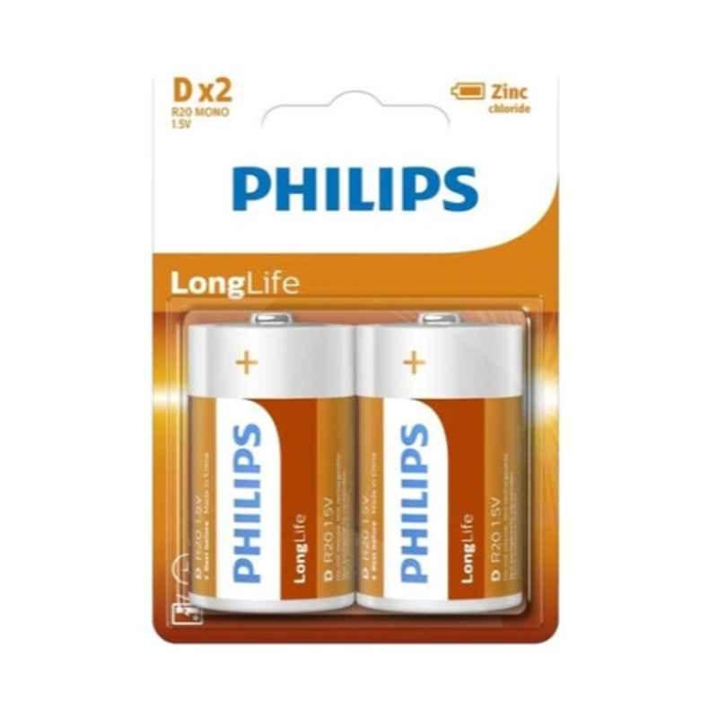 Philips LongLife 2Pcs 1.5V D White, Brown & Orange Zinc Chloride Battery Set, R20L2B/97