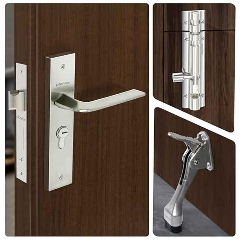 Plantex Stainless Steel Heavy-Duty Mortise Door Lock Combo Main Door Lock Set with 3 Keys/5 inch Door Stopper For Home Hydraulic/4 inch Tower Bolt For Home/Offices/Door Latch, Silver