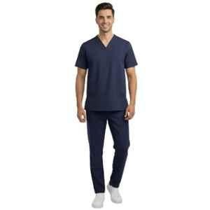 Design My Dress Bharat Polyester & Viscose Navy Blue V Neck Scrub Suit for Men, Size: XL, 1020