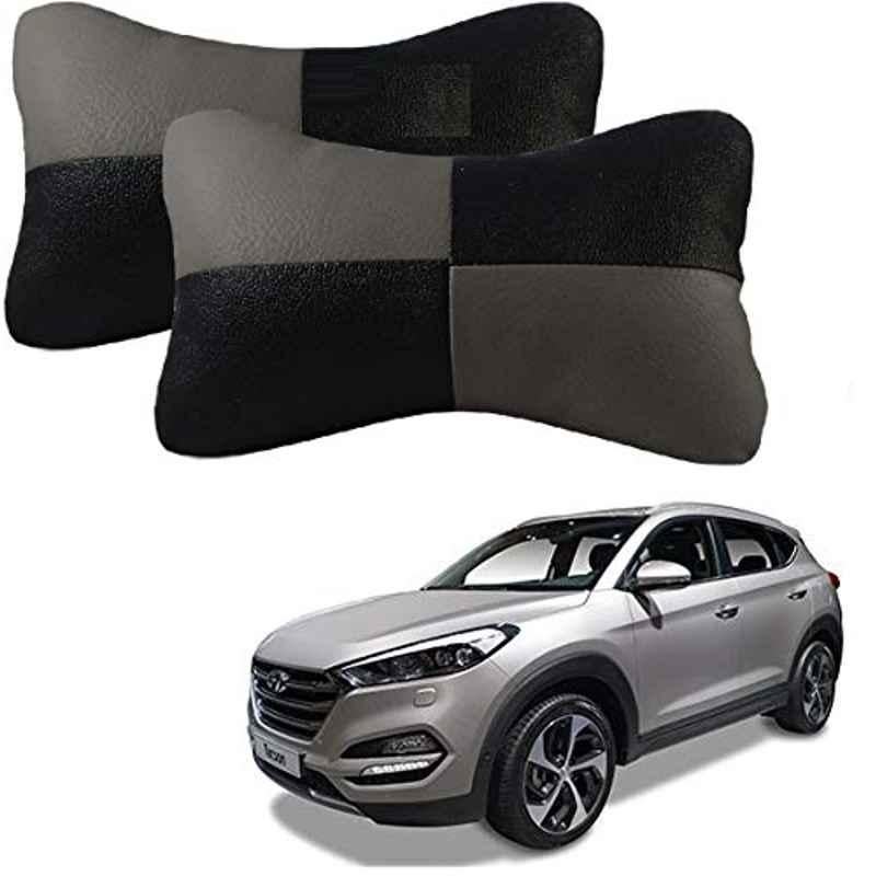 Kozdiko 2 Pcs Leather Grey & Black Neck Rest Car Cushion Pillow Set for Hyundai Tucson