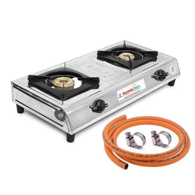 Suraksha Shine Stainless Steel Manual Ignition 2 Burner Gas Stove with 1.5M Hose Pipe, SKS-FMG-201_CI_HC_Silver