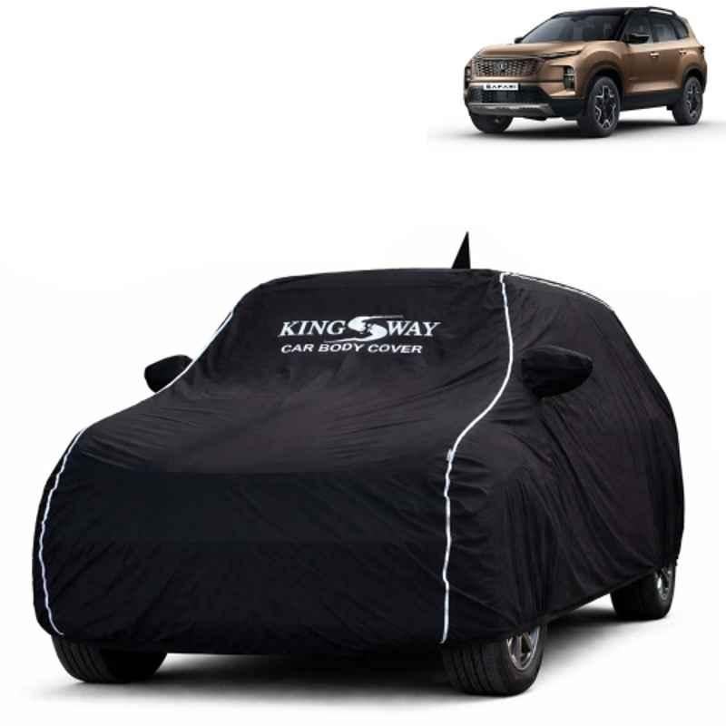 Kingsway Super Waterproof All Weather Protection Polypropylene Black Car Cover for Tata Safari 2023 Onwards with Silver Piping, Mirror & Antenna Pockets