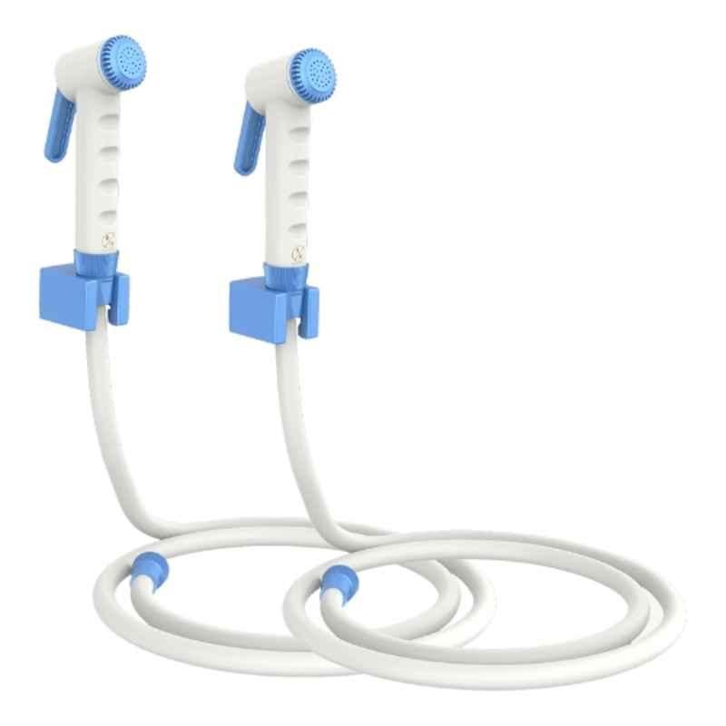 RN White Blue Health Faucet Set with Hose Pipe & Wall Holder for Toilet Cleaning (Pack of 2)