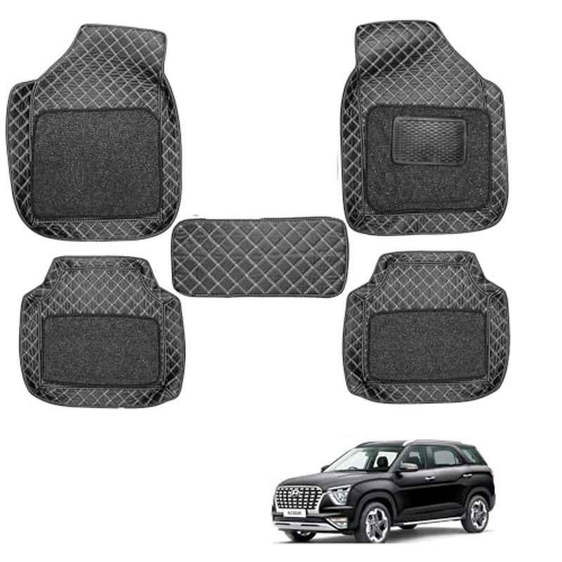 Kozdiko 5 Pcs Waterproof & Luxury 7D Black Leatherette Car Floor Mat Set for Hyundai Alcazar
