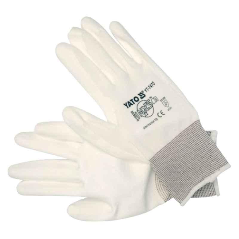 Yato 10 inch Nylon Polyurethane Coated White Safety Gloves, YT-7470