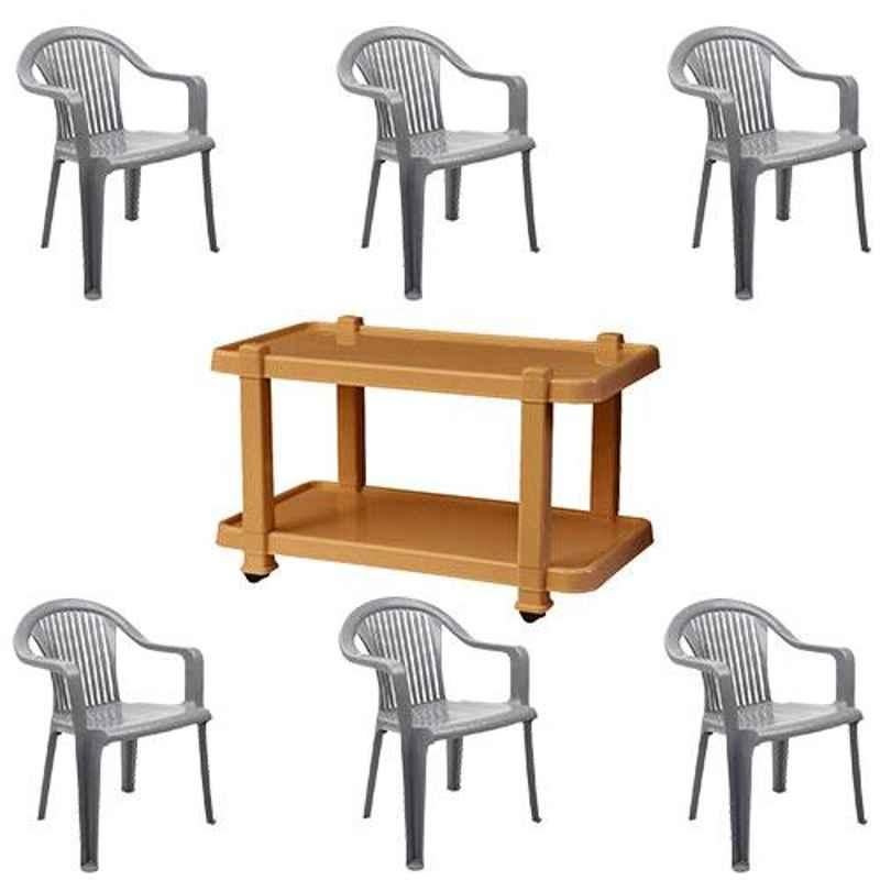 Italica 6 Pcs Polypropylene Metallic Grey Premium Arm Chair & Marble Beige Table with Wheels Set, 9201-6/9509