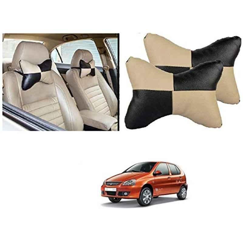 Kozdiko 2 Pcs Black & Beige Car Square Chess Design Neck Rest Seat Pillow Set for Tata Indica