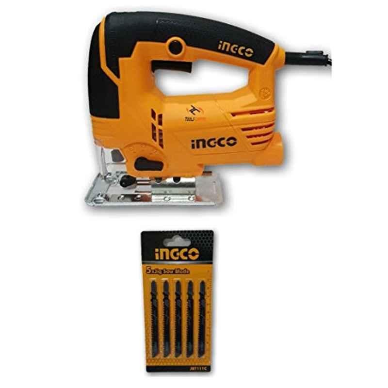Krost Metal Ingco 650W Jigsaw Machine With Variable Speed And Blade Set For Wood Cutting (Orange, 5 Piece)