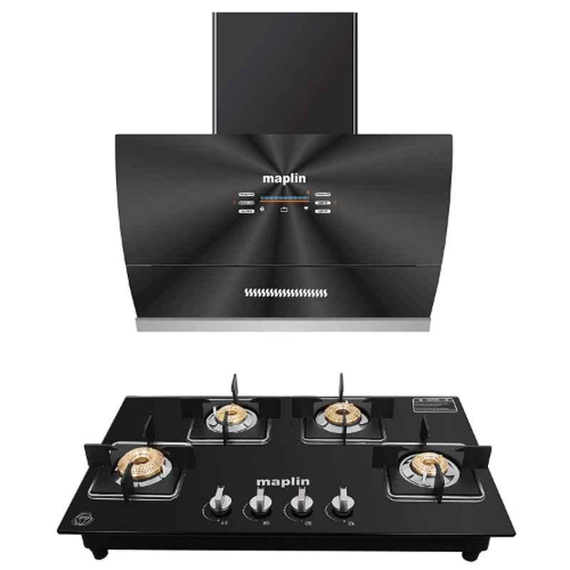 Maplin VC60 1400CMH 60cm Black Voice Control Glass Kitchen Chimney & GH04 4 Burner Gas Cooktop Combo