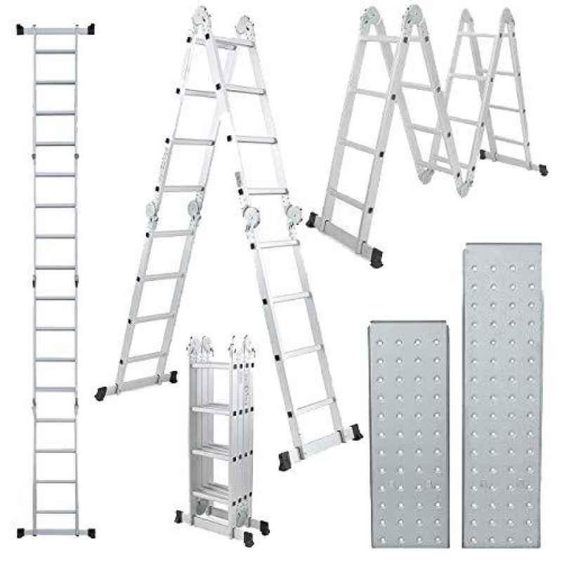 Champion 12.15ft Aluminium Silver Multipurpose Combination Ladder with Top Plates & Working Shelf