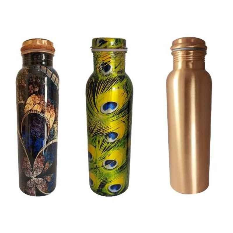 Healthchoice 1L Fancy, MorPankh & Plain Copper Jointless Water Bottle (Pack of 3)