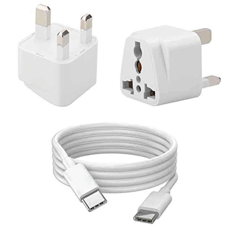 13A 3-Pin White Travel Adaptor & Socket with 1m Type-C Cable (Pack of 2)