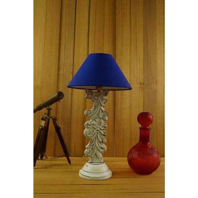Tucasa Mango Wood Antique White Carving Table Lamp with 10 inch Polycotton Blue Pyramid Shade, WL-5