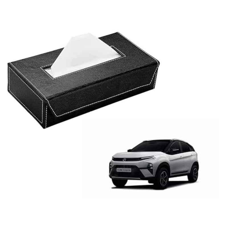 Kozdiko 100 Pulls PU Leather Black Car Tissue Paper Box with 200 Sheets for Tata Nexon Facelift 2023-Present