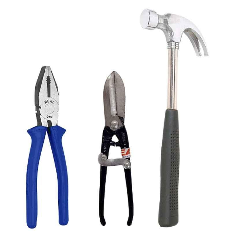 Real Stf 3 Pcs 8 inch Combination Side Cutting Plier, 8 inch Tin Cutter & Claw Hammer with Tubular Steel Handle & Rubber Grip Multi Hand Tool Kit