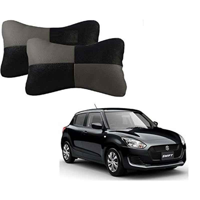 Kozdiko 2 Pcs Leather Grey & Black Neck Rest Car Cushion Pillow Set for Maruti Suzuki Swift 2018