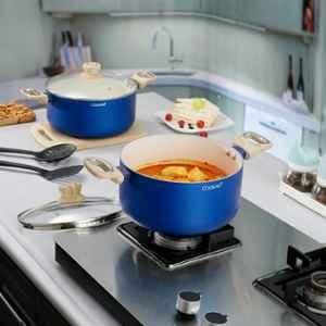 Cookaid Velora 6 Pcs 3.9 & 4.8 Litre Aluminium RV Blue Non Stick Ceramic Coating Casserole Set with Glass Lids & Nylon Tool, CKD-CC-CS2-35