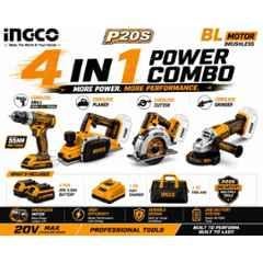 Ingco 13mm 20V 55Nm Cordless Impact Drill, 16000rpm Planer, 140mm Circular Saw Cutter & 4 inch Grinder Combo
