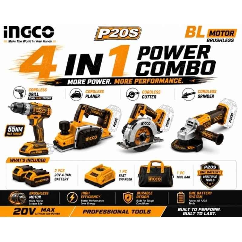 Ingco 13mm 20V 55Nm Cordless Impact Drill, 16000rpm Planer, 140mm Circular Saw Cutter & 4 inch Grinder Combo