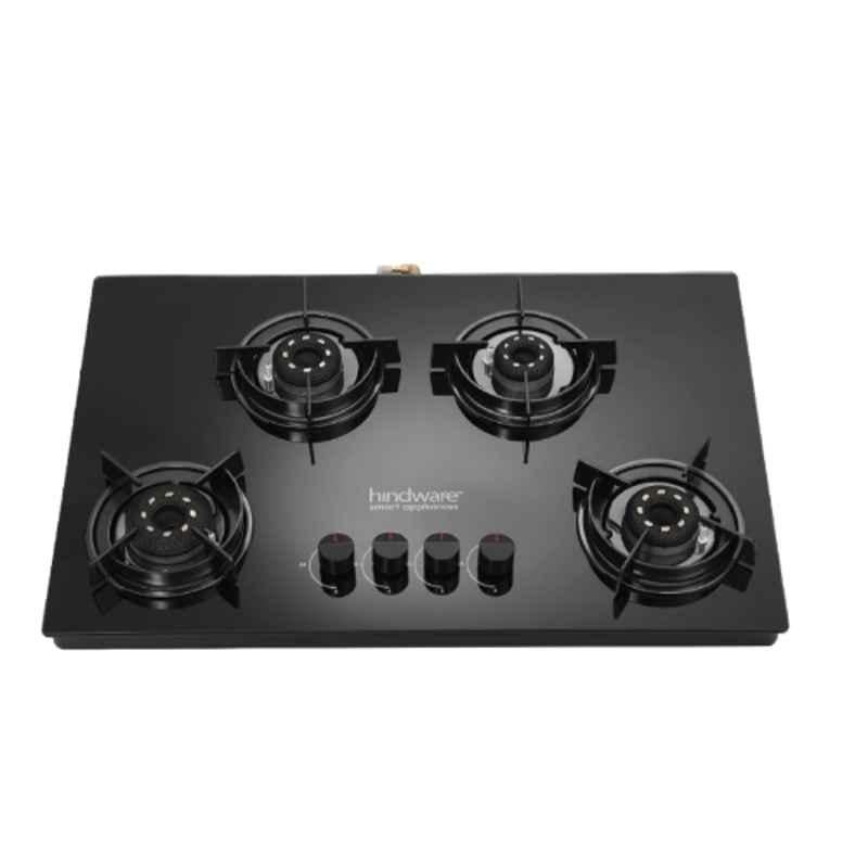 Hindware Coral Blk 4B Glass Top Cooktop with 4 Brass Burner & Manual Ignition, CT 100283