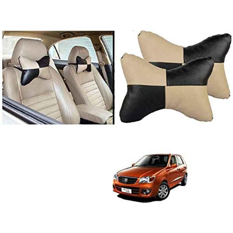 Kozdiko 2 Pcs Black & Beige Car Square Chess Design Neck Rest Seat Pillow Set for Maruti Suzuki Alto K10