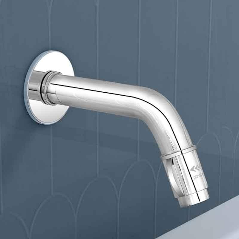 Plantex Pure Brass MAG-1201 Mouth-Flow Swan Neck Bib Cock Water Tap with Teflon Tape & Brass Wall Flange with Bib Tap with Water Saving Nozzle 7-Year Warranty Mirror Chrome