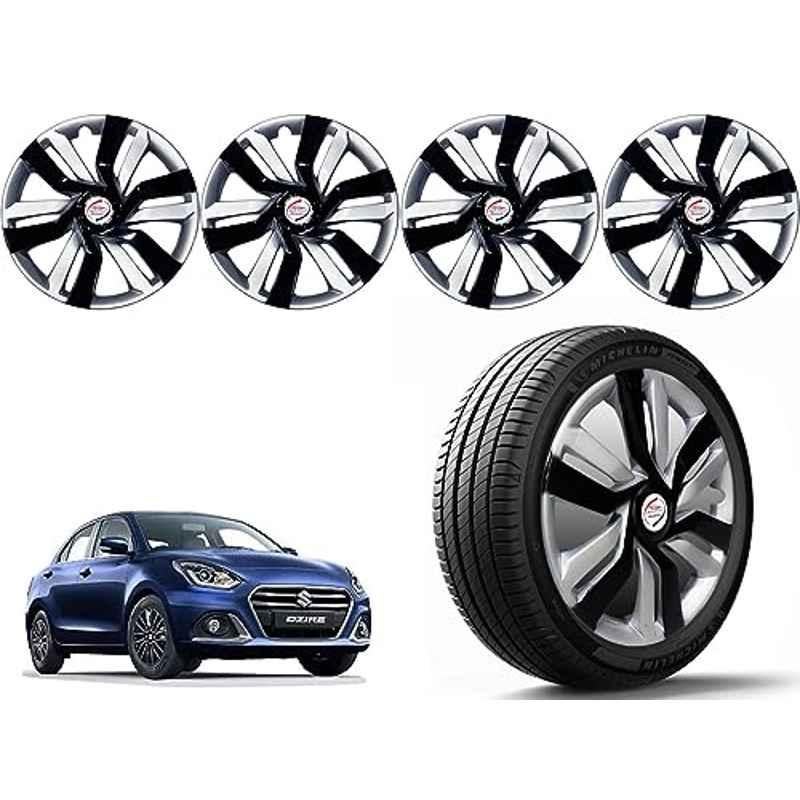 Auto Pearl 4 Pcs 14 inch Polypropylene Black & Silver Press Type Car Wheel Cover Set with Retention Ring for Maruti Suzuki Swift Dzire 2022 Onwards, 14WC_Idtec_Rev_Dzire2022onwards