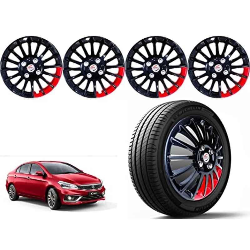 Auto Pearl 4 Pcs 15 inch ABS Black & Red Press Type Car Wheel Cover Set with Retention Ring for Maruti Suzuki Ciaz 2018-2022