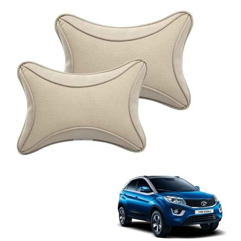 Kozdiko 2 Pcs Memory Foam & Polyester Beige Dots Car Neck Rest Pillow Set for Tata Nexon, XNVJVHGJFH165