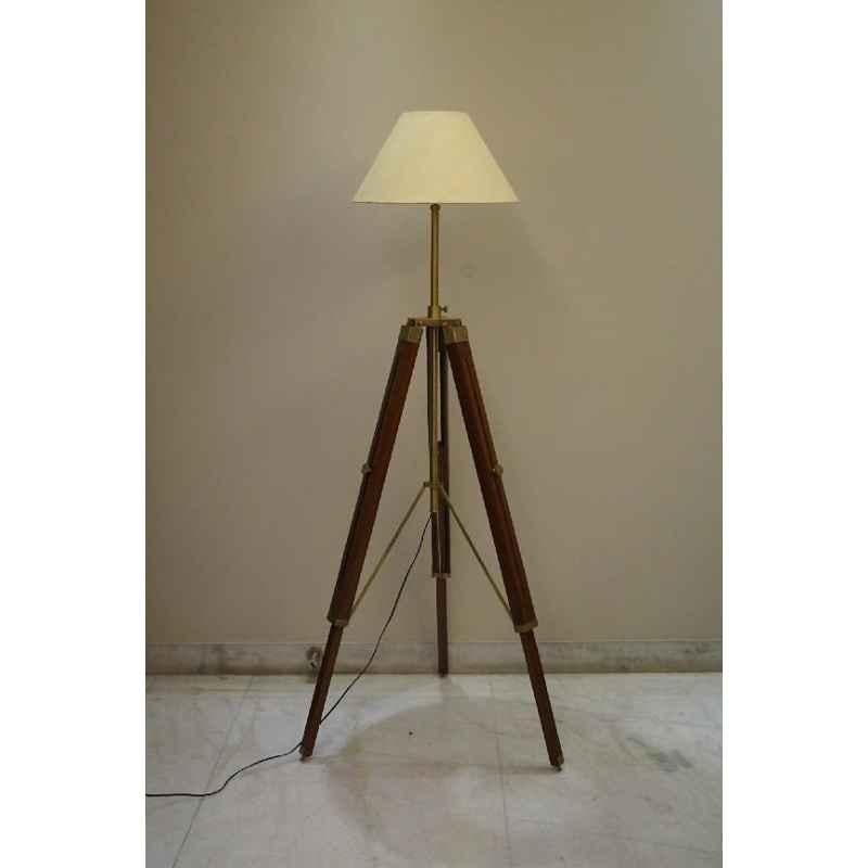 Tucasa Mango Wood Brown Tripod Floor Lamp with Polycotton Off White Shade, P-119