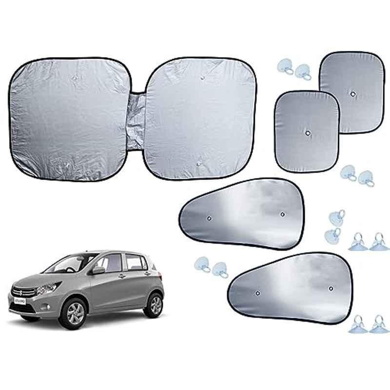 Auto Pearl 5 Pcs Polyester Black & Silver Window & Front Sun Shade Set for Maruti Suzuki Celerio VXI 2014