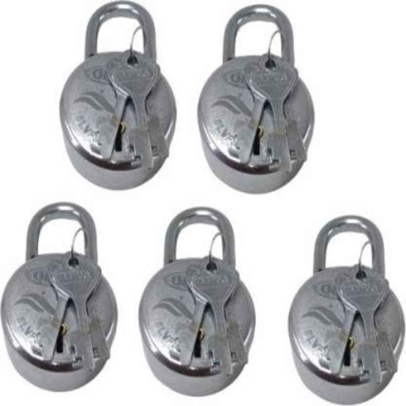Onmax 63mm Steel Round Silver Finish Padlock with 3 Pcs Keys for Door, Gate & Shutter (Pack of 5)