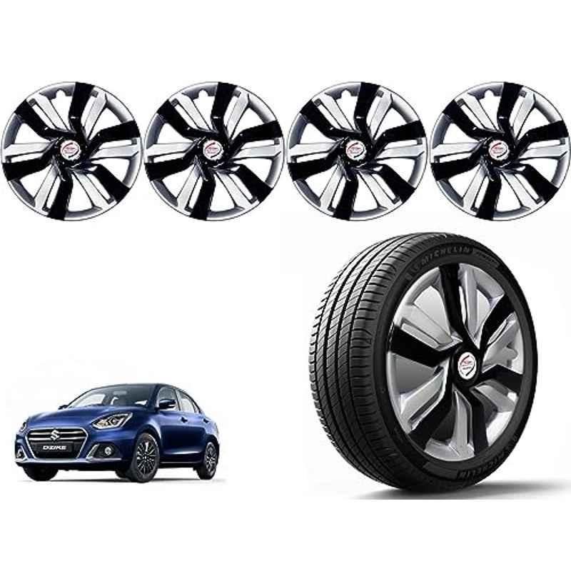 Auto Pearl 4 Pcs 14 inch Polypropylene Black & Silver Press Type Car Wheel Cover Set with Retention Ring for Maruti Suzuki Swift Dzire 2020 Onwards, 14WC_Idtec_Rev_Dzire2020onwards