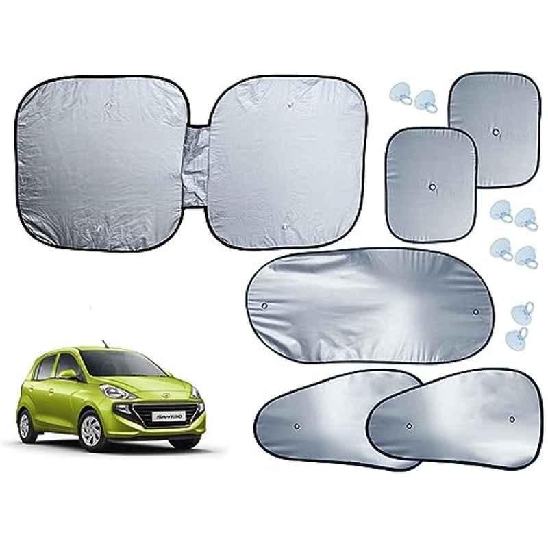 Auto Pearl 6 Pcs Polyester Black & Silver Window, Front & Rear Sun Shade Set for Hyundai Santro Dlite, Era & Magna 2018-22