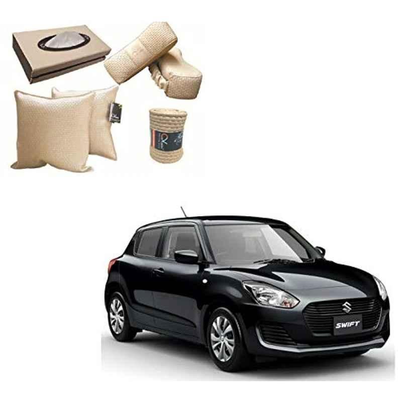 Kozdiko 2 Pcs Cushion Pillow, 2 Pcs Neck Rest, Tissue Box & Steering Beige Car Cover Combo for Maruti Suzuki Swift 2018