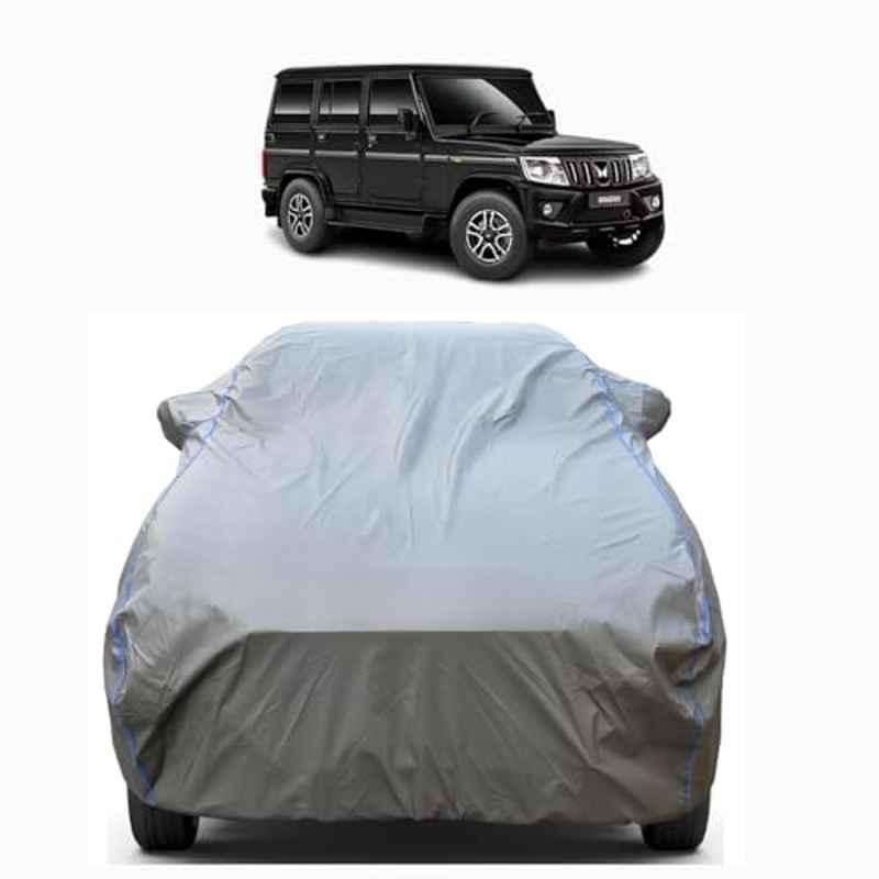 Aarex Auto Polyester Grey 100% Waterproof Car Body Cover with Mirror Pocket, Soft Cotton Triple Stitched & Custom Fit for Mahindra Bolero, BLO-Grey