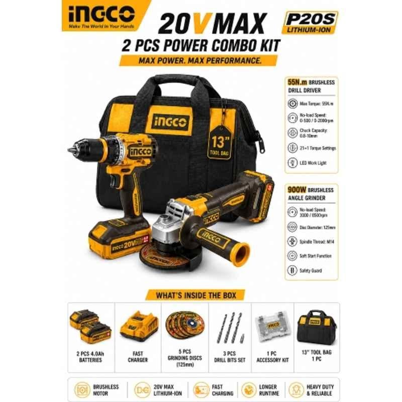 Ingco 0.8-10mm 20V 55Nm Cordless Drill Driver & 125mm Angle Grinder Combo