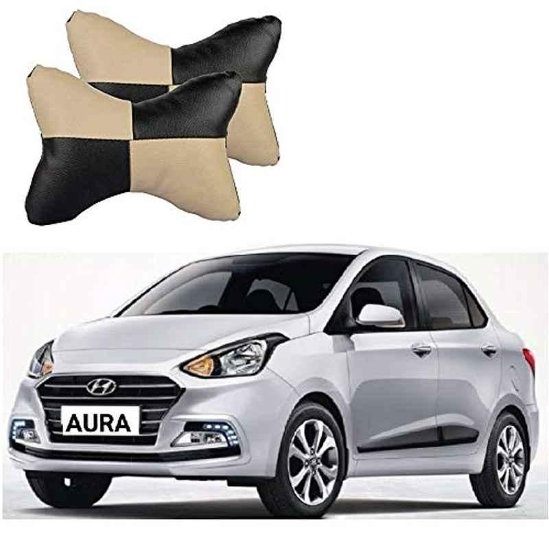 Kozdiko 2 Pcs Black & Beige Car Square Chess Design Neck Rest Seat Pillow Set for Hyundai Aura