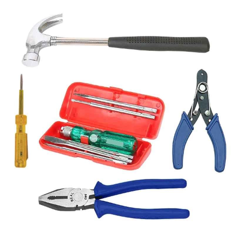 Real Stf 8 inch Combination Cutting Plier, 1/2lbs Claw Hammer, 5 Pcs Screw Driver Set, 6 inch Wire Stripper & Tester with Neon Bulb Kit