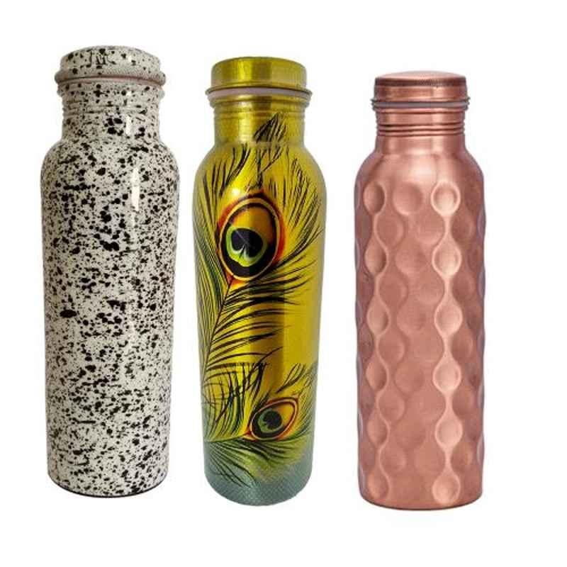 Healthchoice 1L Doted, KrishnPnkh & Diamond Copper Jointless Water Bottle (Pack of 3)