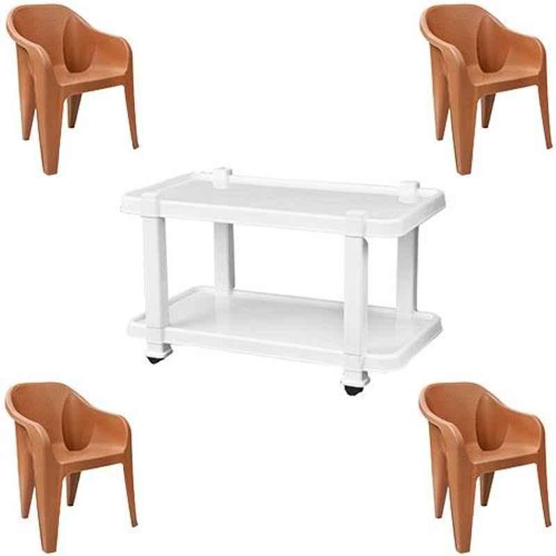 Italica 4 Pcs Polypropylene Camel Luxury Arm Chair & White Table with Wheels Set, 2019-4/9509