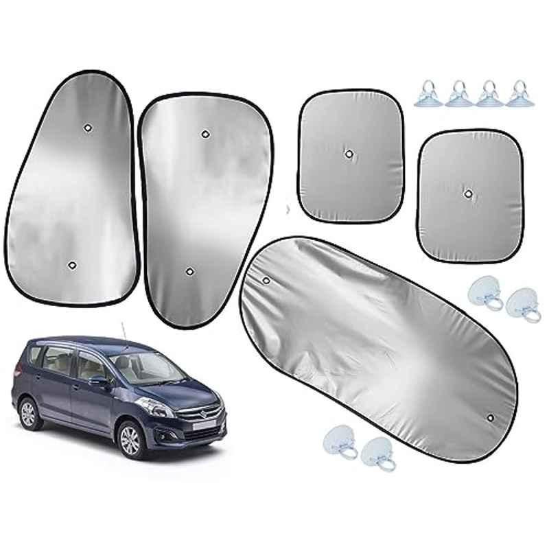 Auto Pearl 5 Pcs Polyester Black & Silver Window & Rear Sun Shade Set for Maruti Suzuki Ertiga T-2 2015-2018