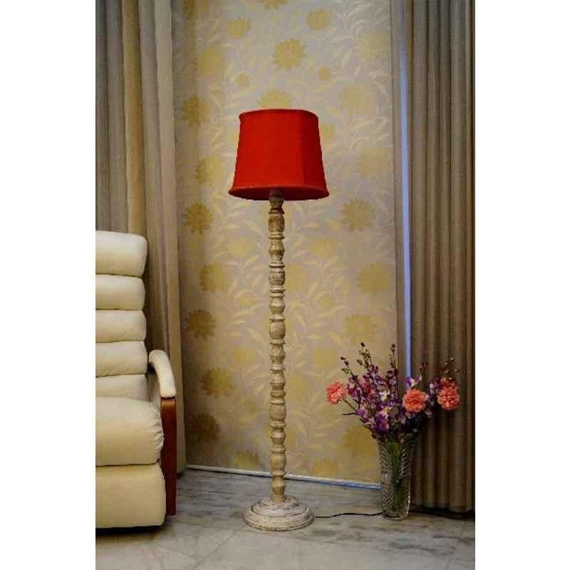 Tucasa Classic White Mango Wood Floor Lamp with Red Cylindrical Polycotton Shade, WF-81