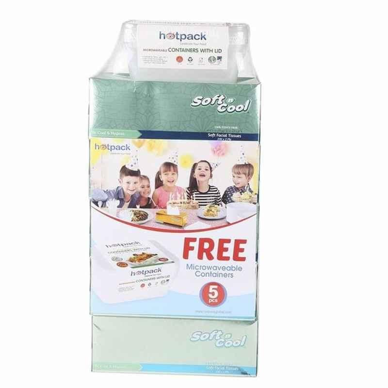 Hotpack Facial Tissue With Free 5PCS Microwaveable Food Container, SNCT150PLUSMC750, Soft n Cool, 2 Ply, White
