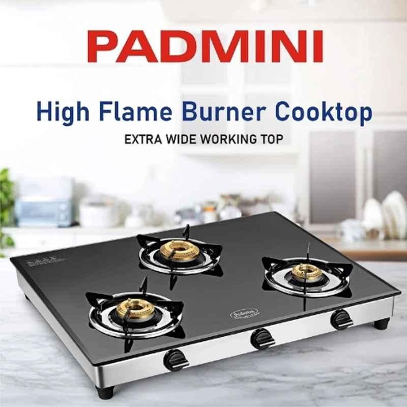 Padmini 3 Burner Stainless Steel Black Automatic Ignition Glass Top Gas Stove, 3BR CS-3 GT Tornado Auto