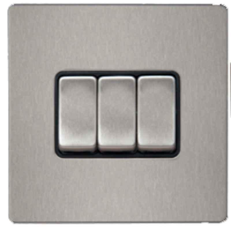 RR Vivan Metallic 10A Brushed Stainless Steel 3 Gang 2-Way Switch with Black Insert, VN6617M-B-BSS